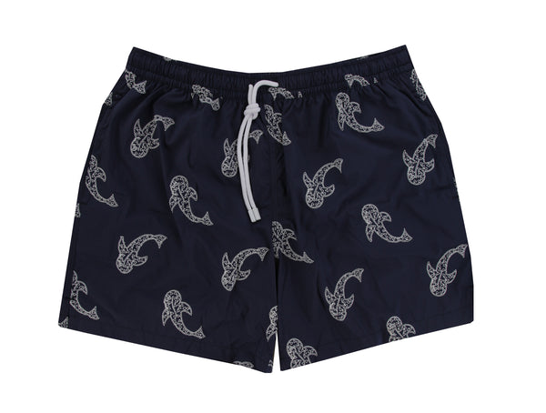 $240 Fedeli Dark Blue Fancy Swim Shorts - Slim - (FD68248) - Parent