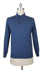 $725 Fiori Di Lusso Blue Cotton 1/4 Button Polo Sweater - L/52 - (FL28258)