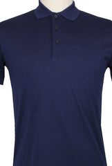 $225 Fiori Di Lusso Navy Blue Solid Cotton Polo - (FL282553) - Parent