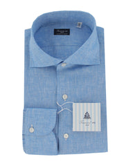 $450 Finamore Napoli Blue Solid Linen Shirt - Slim - 15.5/39 - (FN1227245)