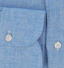 $450 Finamore Napoli Blue Solid Linen Shirt - Slim - (FN1227245) - Parent