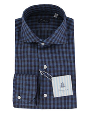 $450 Finamore Napoli Dark Blue Check Linen Shirt - Slim - 15.5/39 - (FN1272416)