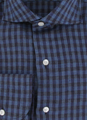 $450 Finamore Napoli Dark Blue Check Linen Shirt - Slim - (FN1272416) - Parent