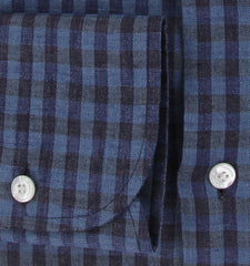 $450 Finamore Napoli Dark Blue Check Linen Shirt - Slim - (FN1272416) - Parent