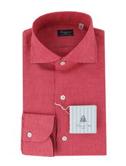 $450 Finamore Napoli Red Solid Linen Shirt - Slim - 15.5/39 - (FN1227243)