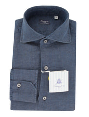 Finamore Napoli Blue Solid Linen Shirt - Slim - 15/38 - (FN192413)