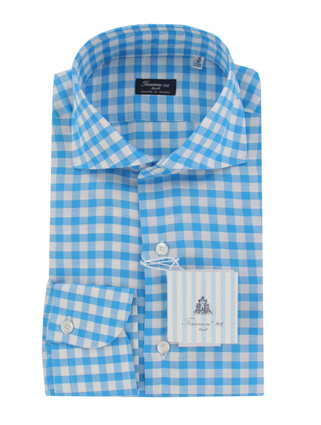 $450 Finamore Napoli Blue Check Shirt - Slim - (FN1272415) - Parent