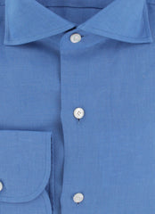 $450 Finamore Napoli Blue Solid Linen Shirt - Slim - (FN1272417) - Parent