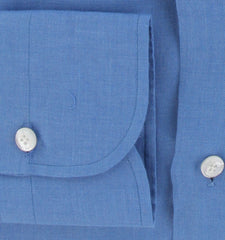 $450 Finamore Napoli Blue Solid Linen Shirt - Slim - (FN1272417) - Parent