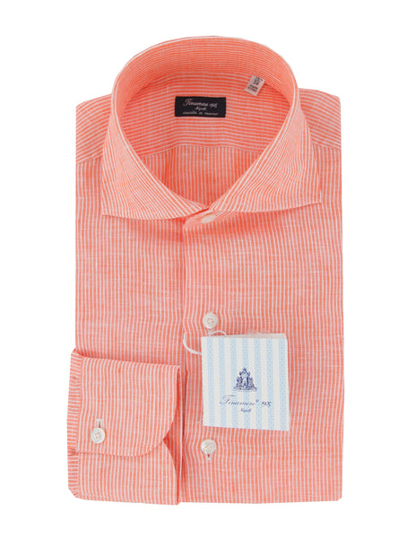 $450 Finamore Napoli Orange Striped Linen Shirt - Slim - (FN1272420) - Parent