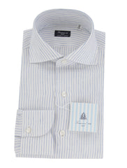 $450 Finamore Napoli Blue Striped Linen Shirt - Slim - 15.5/39 - (FN8282421)