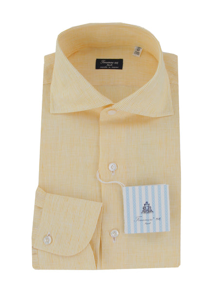 $450 Finamore Napoli Yellow Striped Linen Shirt - Slim - (FN1272419) - Parent