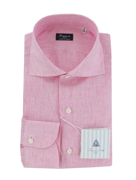 $450 Finamore Napoli Pink Striped Linen Shirt - Slim - (FN1272418) - Parent