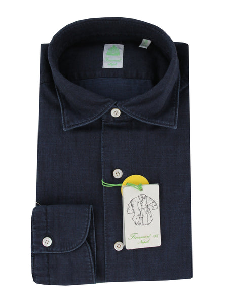 $350 Finamore Napoli Denim Blue Shirt - Extra Slim - (FN1272422) - Parent