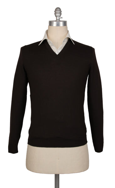 Kiton Dark Brown Wool V-Neck Sweater - (KT126223) - Parent