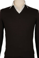 Kiton Dark Brown Wool V-Neck Sweater - (KT126223) - Parent