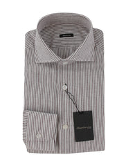 $375 Sartorio Napoli Brown Striped Linen Shirt - Slim - 15.5/39 - (SA222251)