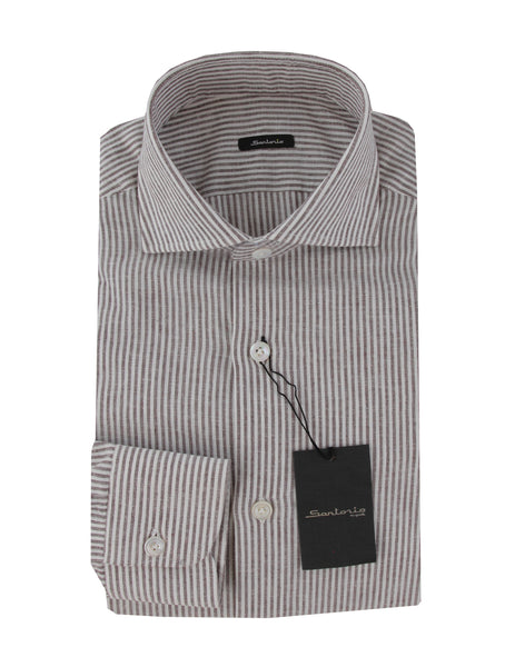 $375 Sartorio Napoli Brown Striped Linen Shirt - Slim - (SA222251) - Parent