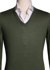 Fiori Di Lusso Olive Green Cashmere Blend V-Neck Sweater - (1816) - Parent