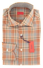Isaia Caramel Brown Plaid Popover Cotton Shirt - Extra Slim - 15.75/40 (OG)